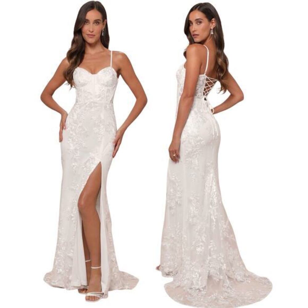 Lulus Ethereal Elegance White Embroidered Lace-Up Maxi Dress size XXS